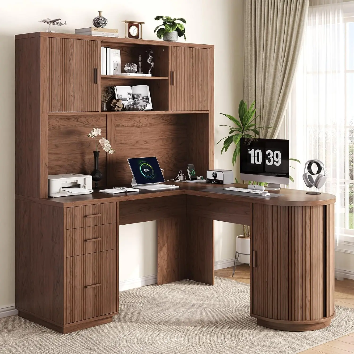 70.87“H L Shaped Executive Desks with Hutch, Fluted Corner Desk with 3 Drawers & Charging Outlets, Mid-Century Wood Home Office
70.87“H L Shaped Executive Desks with Hutch, Fluted Corner Desk with 3 Drawers & Charging Outlets, Mid-Century Wood Home Office