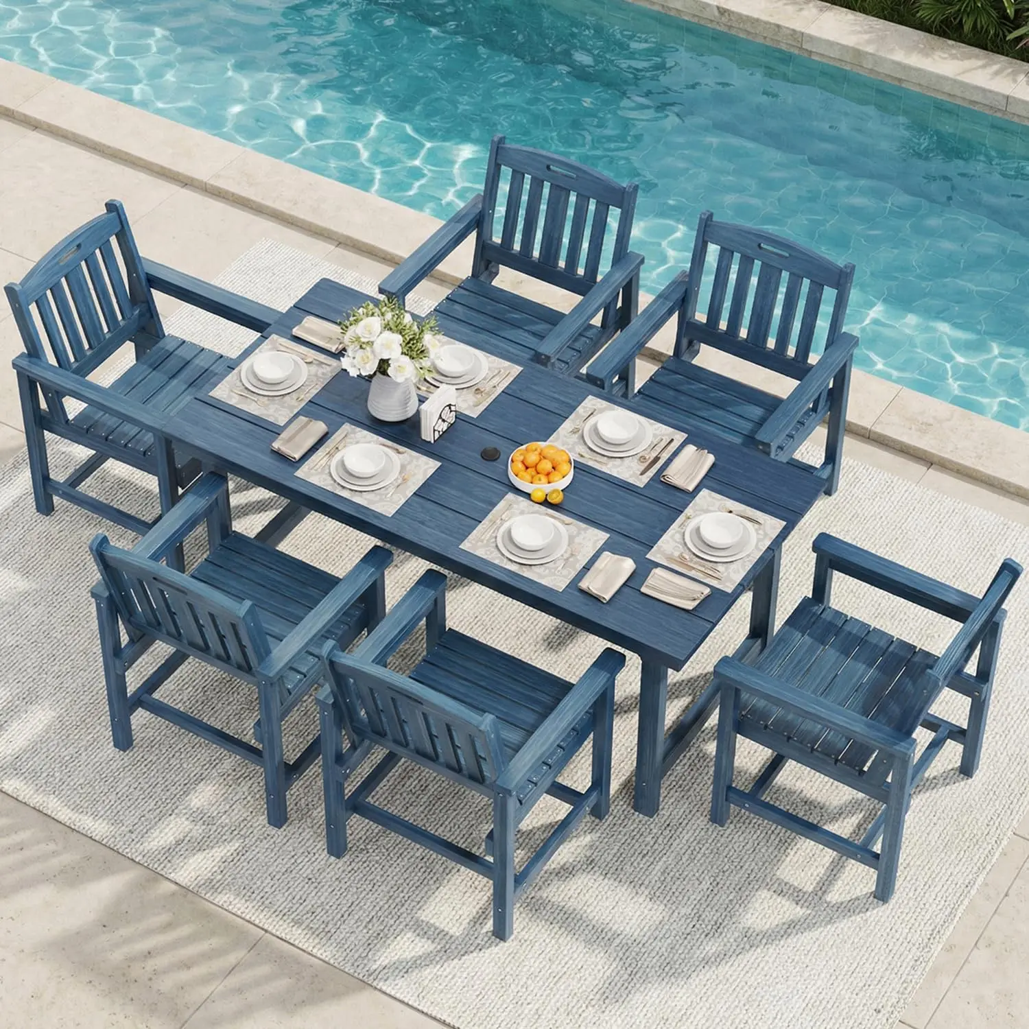 7pc HIPS Outdoor Dining Set 66.9in Table Umbrella Hole 440lb 6 Wide Chairs Galvanized Steel Navy Blue Customized
7pc HIPS Outdoor Dining Set 66.9in Table Umbrella Hole 440lb 6 Wide Chairs Galvanized Steel Navy Blue Customized