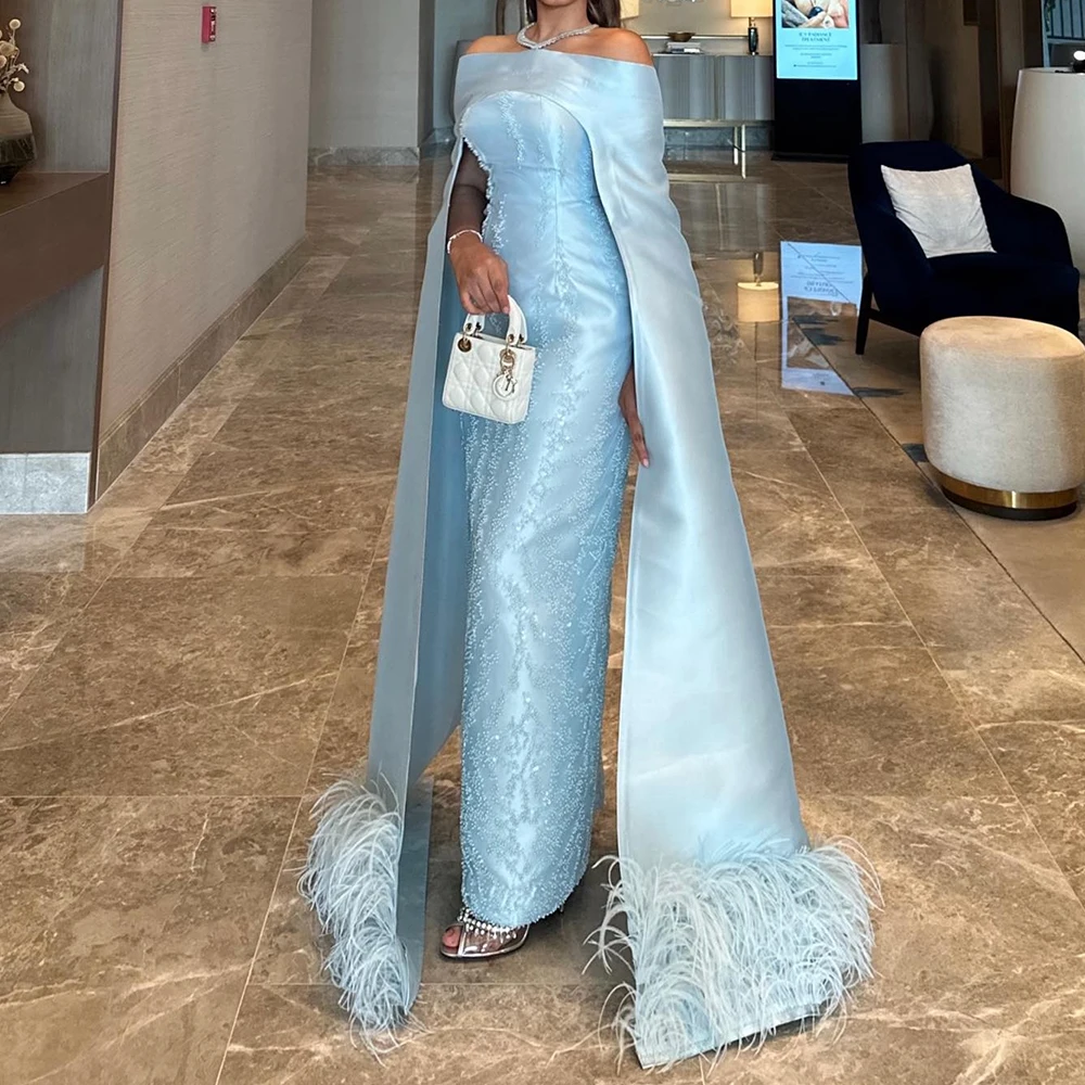 Customized Elegant Satin Straight Off the Shoulder Feathers Evening Dress Boat Neck Sleeveless Watteau Train Photo Color
Customized Elegant Satin Straight Off the Shoulder Feathers Evening Dress Boat Neck Sleeveless Watteau Train Photo Color