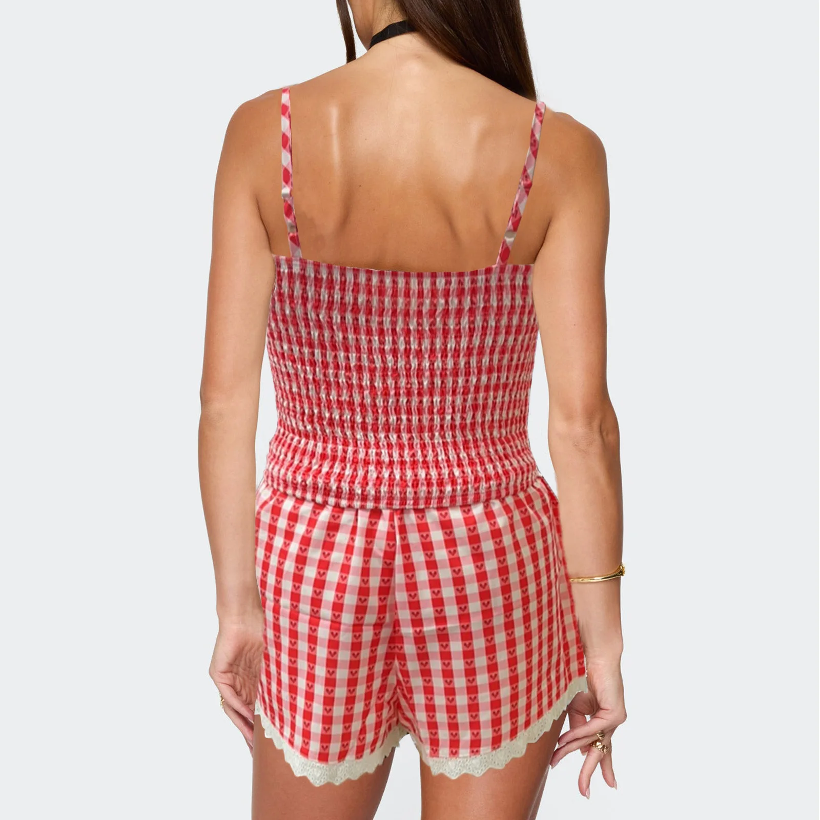 Women Pajamas Set Plaid Prints Lace Trims Camisole And Elastic Shorts For Nightwear Homewear Casual Wear
Women Pajamas Set Plaid Prints Lace Trims Camisole And Elastic Shorts For Nightwear Homewear Casual Wear
