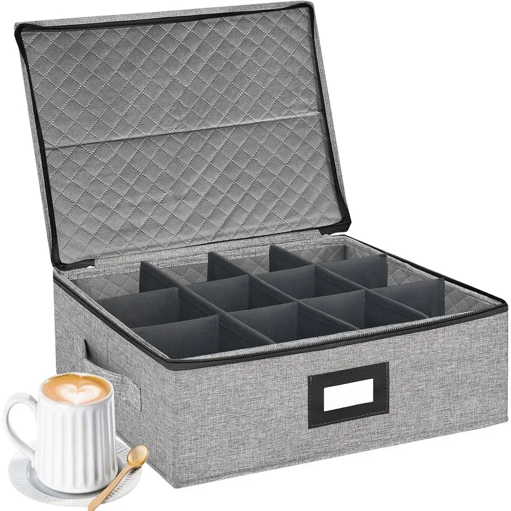 Durable Mug Storage Box with Dividers, Holds 12 Cups, Stackable Organizer with Lid and Label Window (Grey)
Durable Mug Storage Box with Dividers, Holds 12 Cups, Stackable Organizer with Lid and Label Window (Grey)