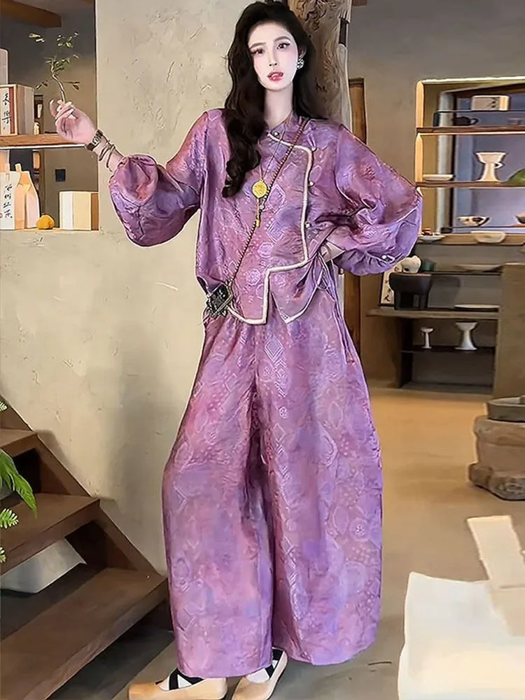A new large-sized purple Chinese-style set with lantern sleeves jacquard shirt and wide-leg pants
A new large-sized purple Chinese-style set with lantern sleeves jacquard shirt and wide-leg pants