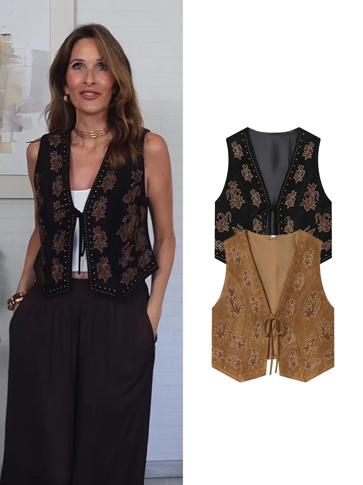 2025 Women V-neck Flower Embroidery Waistcoat Vintage Front Tie Bow Sleeveless Suede Vest Jacket Fashion Vacation Style Tops
2025 Women V-neck Flower Embroidery Waistcoat Vintage Front Tie Bow Sleeveless Suede Vest Jacket Fashion Vacation Style Tops