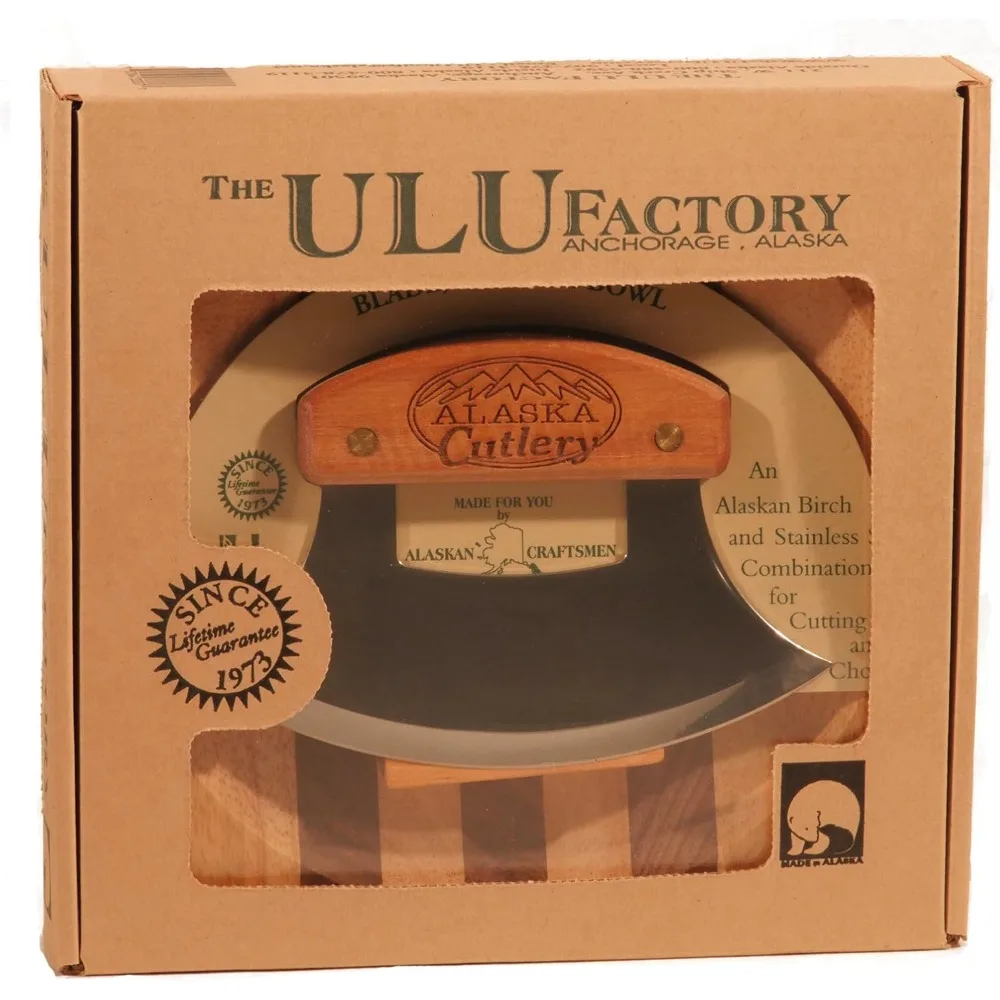 Alaska Ulu Knife Set Curved Knife with Wood Handle plus Chopping Board Mezzaluna Made in Alaska USA Ulu Factory
Alaska Ulu Knife Set Curved Knife with Wood Handle plus Chopping Board Mezzaluna Made in Alaska USA Ulu Factory