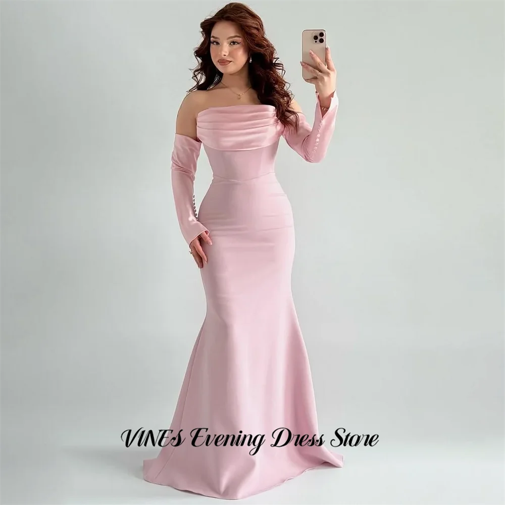 VINES Pink Evening Dress Off Shoulder Long Sleeves Formal Gown with Button Night Dresses Mermaid Satin Prom Dresses Customized
VINES Pink Evening Dress Off Shoulder Long Sleeves Formal Gown with Button Night Dresses Mermaid Satin Prom Dresses Customized