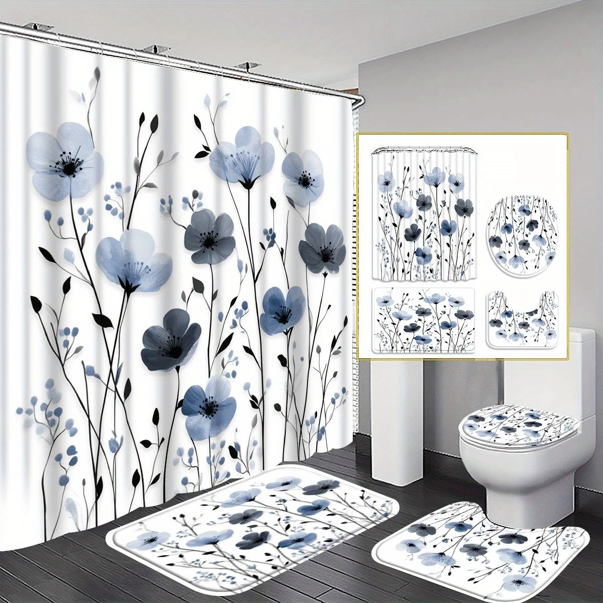 4pc Blue-grey floral pattern bathroom set, including shower curtain with hooks, non-slip mat, U-shaped mat and toilet seat cover
4pc Blue-grey floral pattern bathroom set, including shower curtain with hooks, non-slip mat, U-shaped mat and toilet seat cover