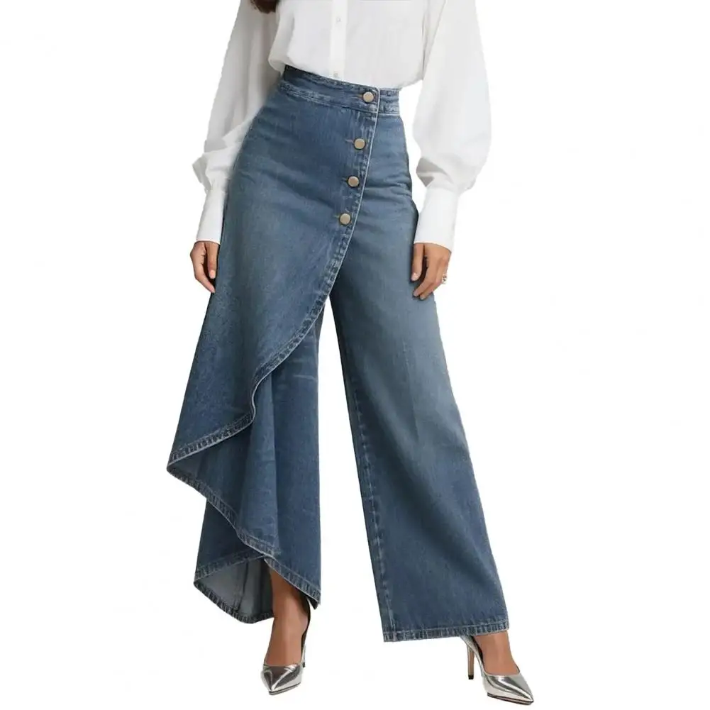 Summer Flowy Jeans for Women Wide Leg Splicing Ruffle High Waisted Asymmetrical Wrap Denim Pants Button Up Dance Jeans
Summer Flowy Jeans for Women Wide Leg Splicing Ruffle High Waisted Asymmetrical Wrap Denim Pants Button Up Dance Jeans