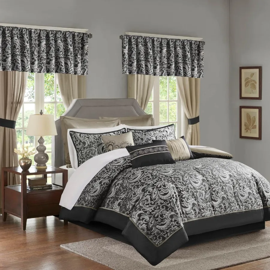 Queen Size Black Faux Silk Jacquard Paisley Design Down Alternative All Season Bedding Set with Matching Curtains Room in a Bag
Queen Size Black Faux Silk Jacquard Paisley Design Down Alternative All Season Bedding Set with Matching Curtains Room in a Bag