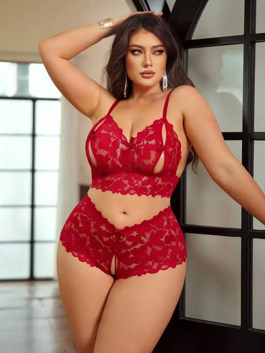 Red Lace Plus Size Women's Two-Piece Lingerie Set with Cutout Detail
Red Lace Plus Size Women's Two-Piece Lingerie Set with Cutout Detail