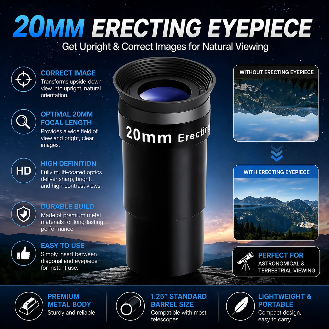 20mm Erecting Eyepiece High Claritys Lens, 1.25" Interfaces for Stargazings and Birdwatching W8KE
20mm Erecting Eyepiece High Claritys Lens, 1.25" Interfaces for Stargazings and Birdwatching W8KE