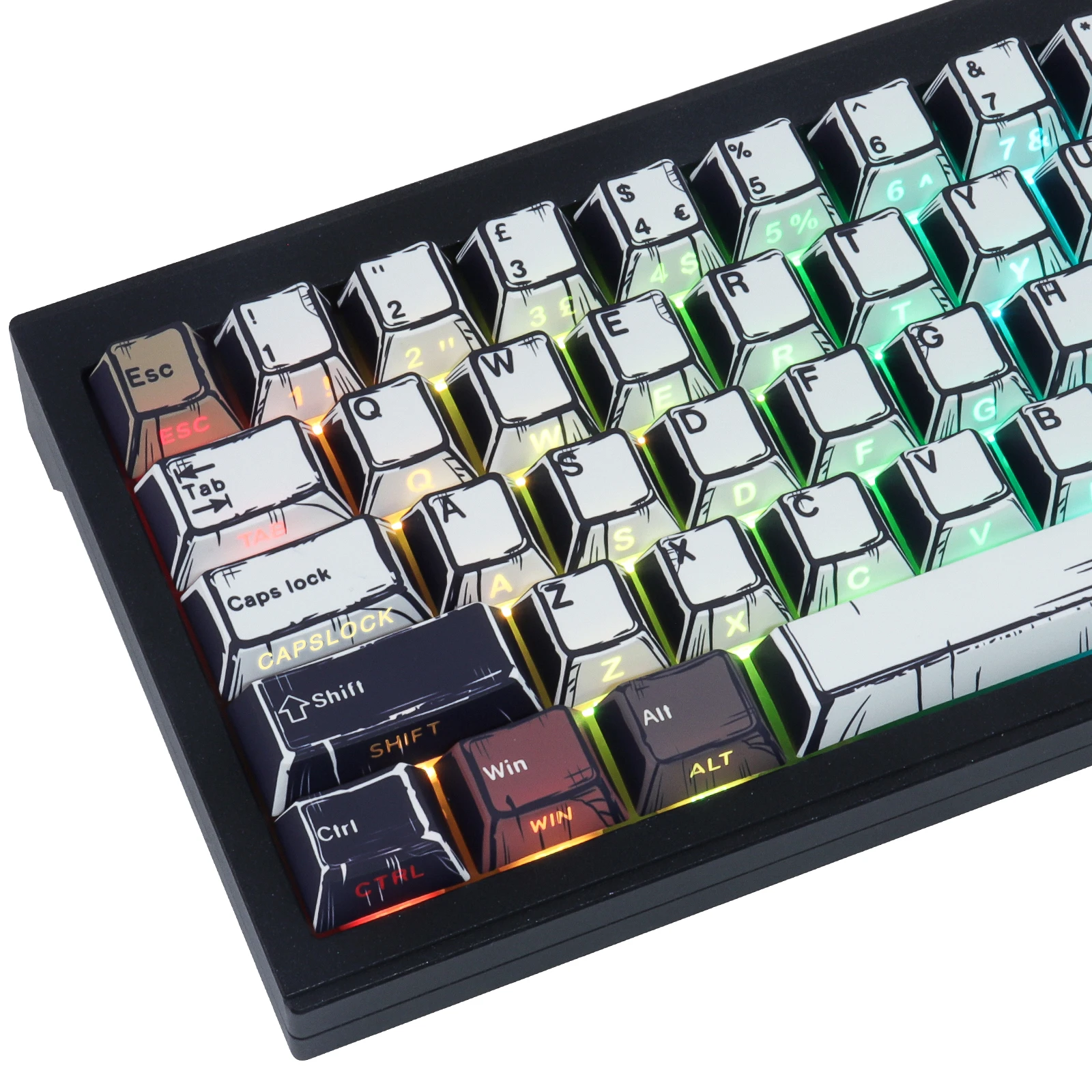 Comic book style, UK-style, dye-sublimated double-printed backlit keycaps, 132 keys, PBT material, Cherry profile
Comic book style, UK-style, dye-sublimated double-printed backlit keycaps, 132 keys, PBT material, Cherry profile