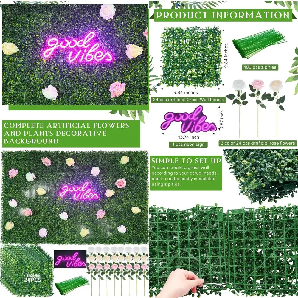 10 x 10 Artificial Grass Flower Wall Panels with 24 Roses & Pink Neon Sign, Ideal for Bedroom or Bachelor Party Decor
10 x 10 Artificial Grass Flower Wall Panels with 24 Roses & Pink Neon Sign, Ideal for Bedroom or Bachelor Party Decor