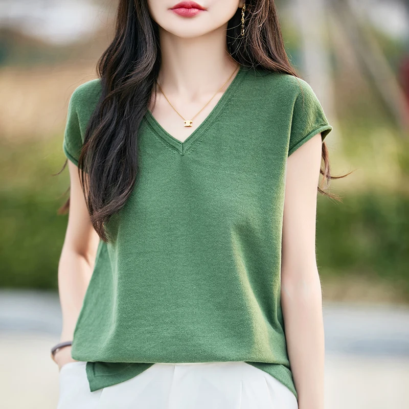 Summer Lightweight 100% Cotton Knitted Short-Sleeve Women'S New Solid Color Loose V-Neck Flutter Sleeve Top Base T-Shirt
Summer Lightweight 100% Cotton Knitted Short-Sleeve Women'S New Solid Color Loose V-Neck Flutter Sleeve Top Base T-Shirt