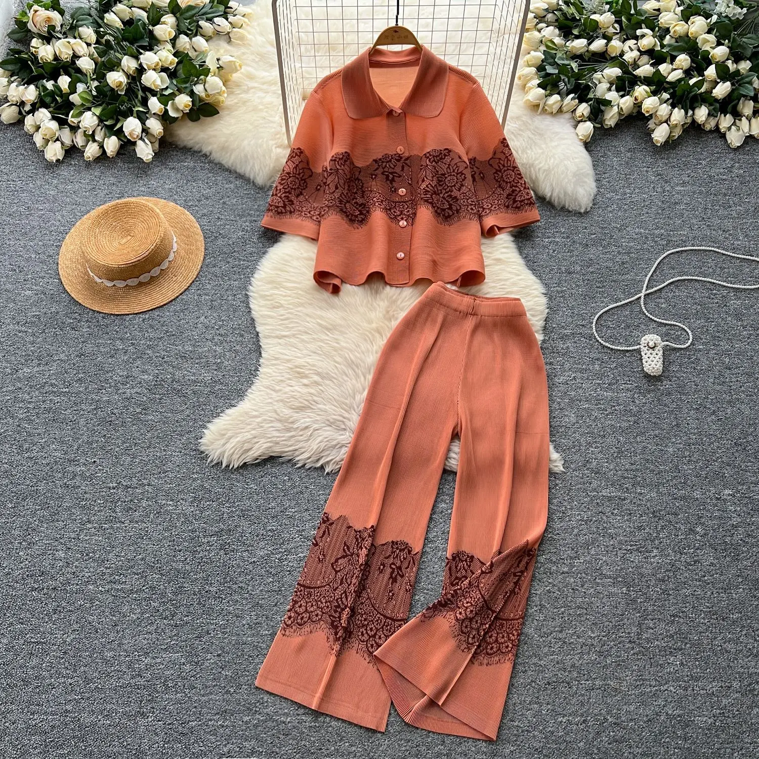 Women Pant Set Two Piece Sets Turn Down Collar Half Sleeve Print Tops Coats Y2k Streetwear Wide Leg Long Pants High Waist 2025
Women Pant Set Two Piece Sets Turn Down Collar Half Sleeve Print Tops Coats Y2k Streetwear Wide Leg Long Pants High Waist 2025