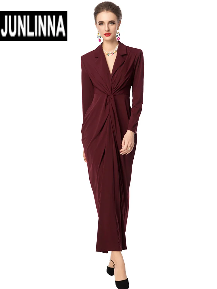 JUNLINNA Autumn Winter Women Runway Dress Notched Collar Long Sleeve Folds High Street Midi Vestidos Waist Sliming Lady
JUNLINNA Autumn Winter Women Runway Dress Notched Collar Long Sleeve Folds High Street Midi Vestidos Waist Sliming Lady