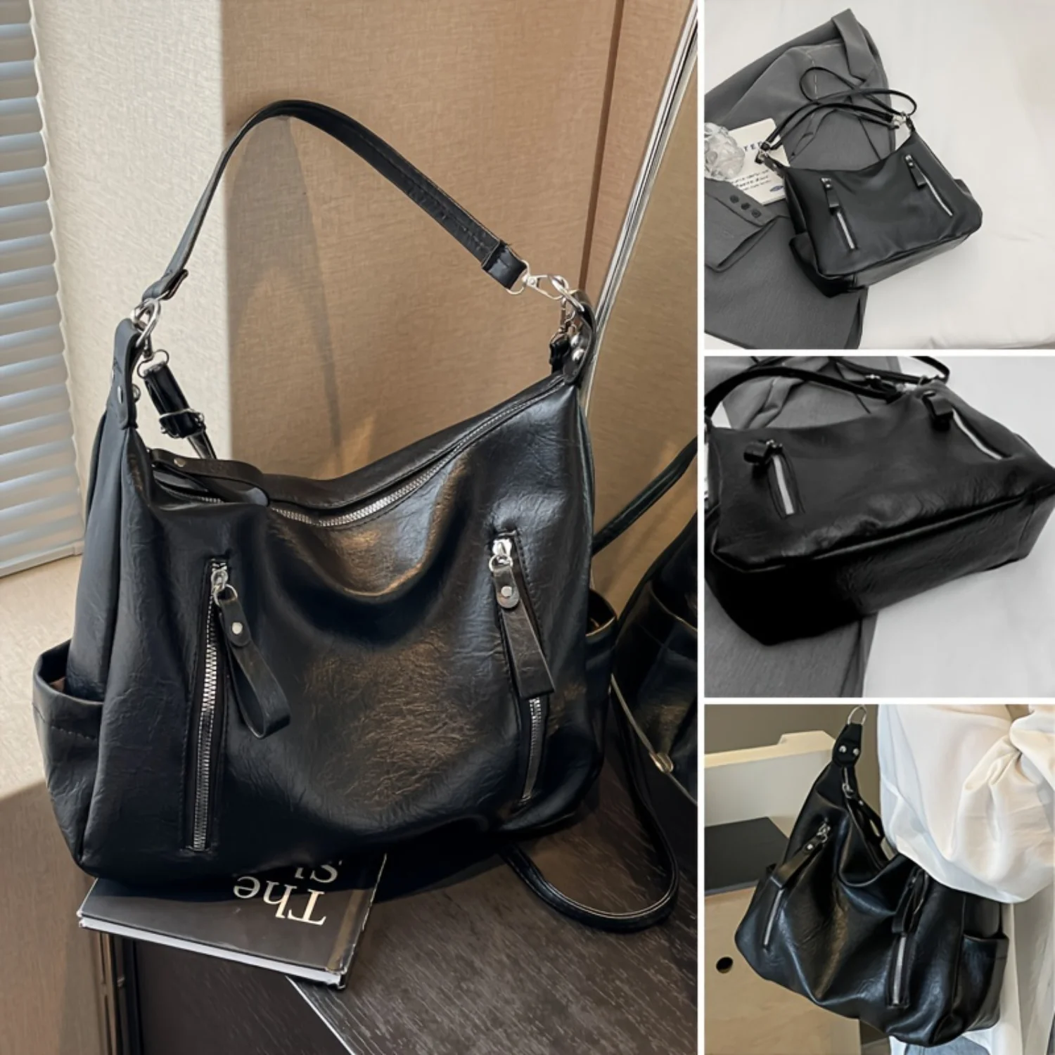 Faux Leather Hobo Bag for Women, Large Capacity Vintage Tote with Zippers, Fashionable Single Shoulder and Crossbody Bag, Retro
Faux Leather Hobo Bag for Women, Large Capacity Vintage Tote with Zippers, Fashionable Single Shoulder and Crossbody Bag, Retro