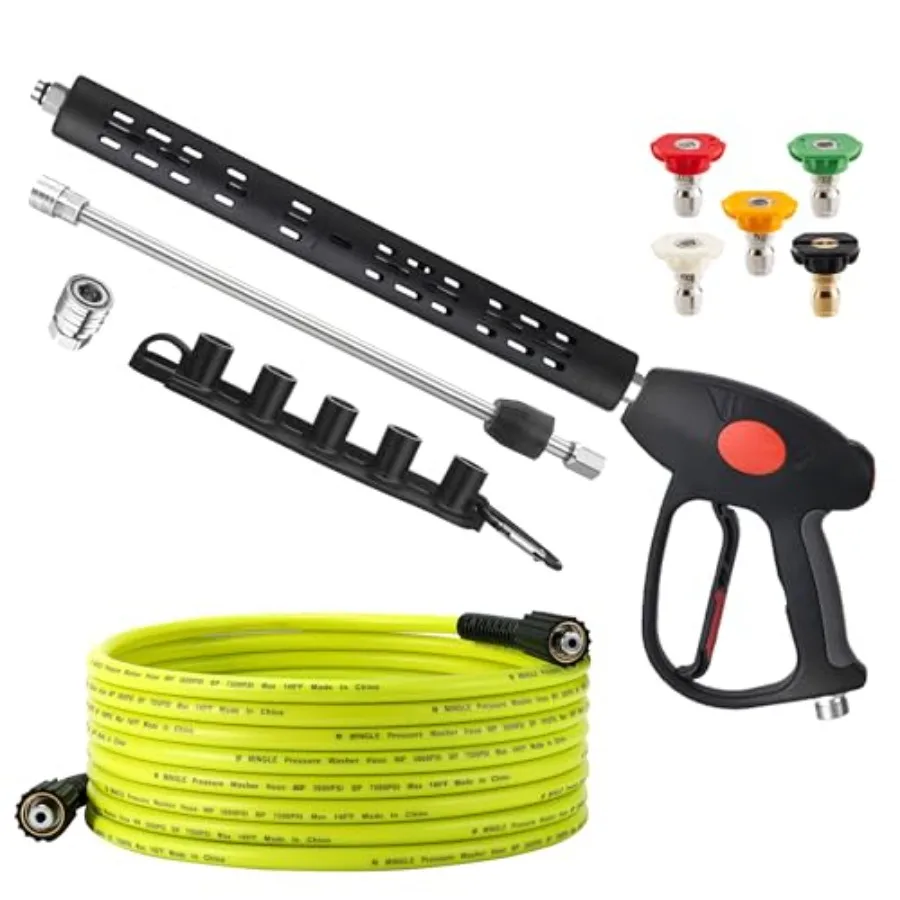 Pressure Washer Hose and Gun Kit for outdoor cleaning, PVC-reinforced rubber, black, 25 FT length with 5 nozzle tips and M22-14
Pressure Washer Hose and Gun Kit for outdoor cleaning, PVC-reinforced rubber, black, 25 FT length with 5 nozzle tips and M22-14