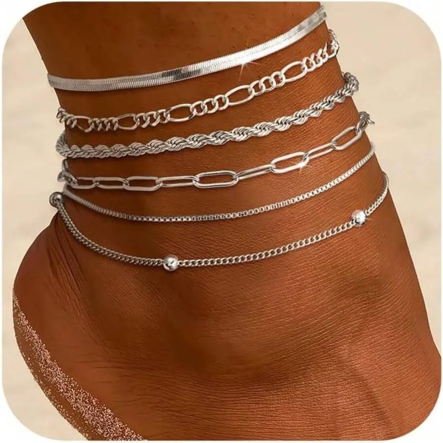 Dainty Silver Ankle Bracelets Set For Women, Waterproof Layered Design
Dainty Silver Ankle Bracelets Set For Women, Waterproof Layered Design