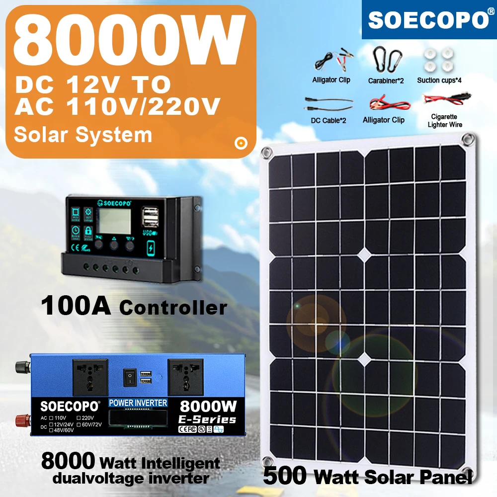 SOECOPO 8000W Portable Solar System Power Station Kit 12V/24V to 110V/220V Inverter 100A Controller 500W Panel for Camping/RV
SOECOPO 8000W Portable Solar System Power Station Kit 12V/24V to 110V/220V Inverter 100A Controller 500W Panel for Camping/RV