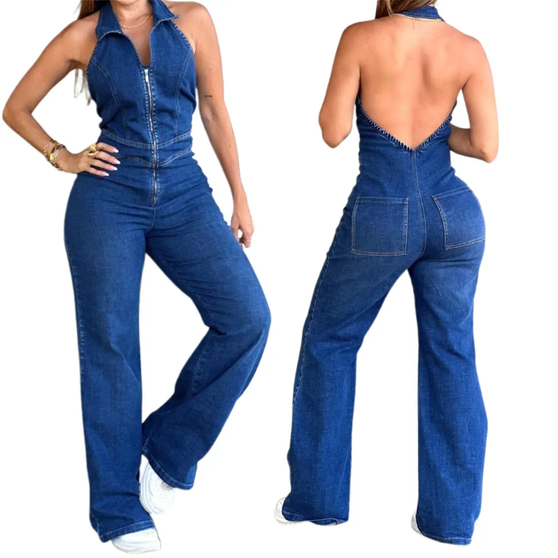Women Jumpsuit Summer Sexy Slim-Fit Sleeveless Backless Elastic Denim Halter Jumpsuit Casual High Waist Wide Legs Jeans Romper
Women Jumpsuit Summer Sexy Slim-Fit Sleeveless Backless Elastic Denim Halter Jumpsuit Casual High Waist Wide Legs Jeans Romper
