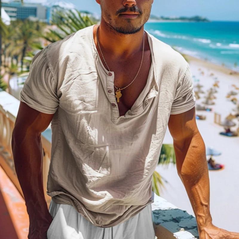 Vintage Button-up O Neck Henley T-shirts Men New Casual Short Sleeve Loose Pullover T Shirt Summer Mens Leisure Solid Color Tops
Vintage Button-up O Neck Henley T-shirts Men New Casual Short Sleeve Loose Pullover T Shirt Summer Mens Leisure Solid Color Tops
