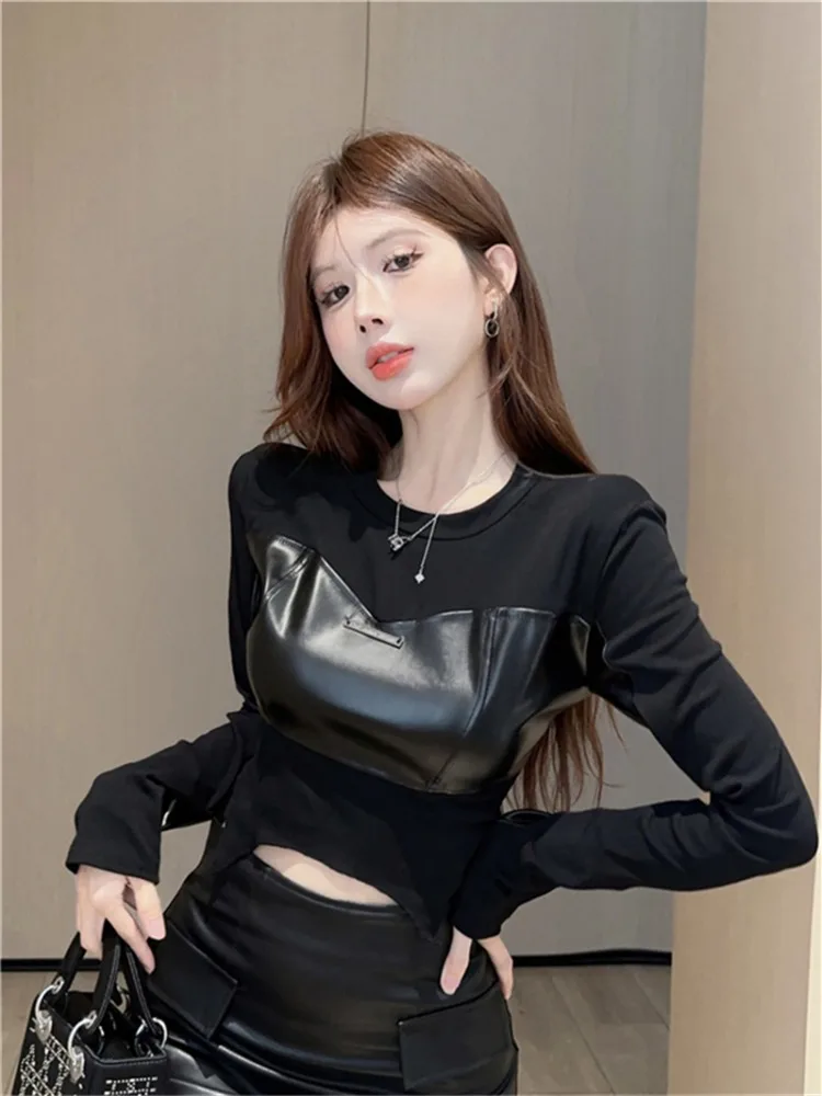 Spring Autumn Korean round Neck Splice Leather Asymmetrical Fake Two-Piece Slim Fit Sexy Hoodie Base T-Shirt Women
Spring Autumn Korean round Neck Splice Leather Asymmetrical Fake Two-Piece Slim Fit Sexy Hoodie Base T-Shirt Women