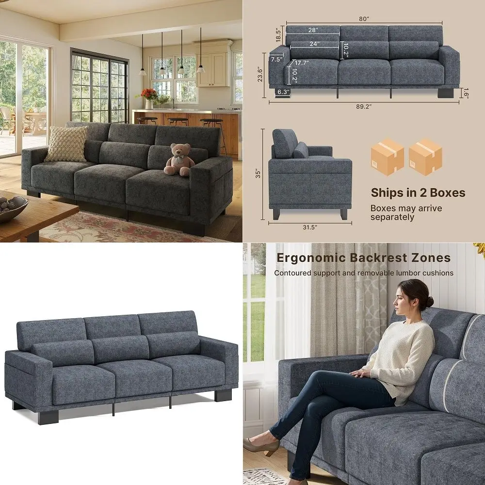 89 Inch Modern Sofa, 3Seater Chenille Couch with Wide Armrests amp Deep Cushions, for Living Room, Bedroom and Apartment, Dark
89 Inch Modern Sofa, 3Seater Chenille Couch with Wide Armrests amp Deep Cushions, for Living Room, Bedroom and Apartment, Dark