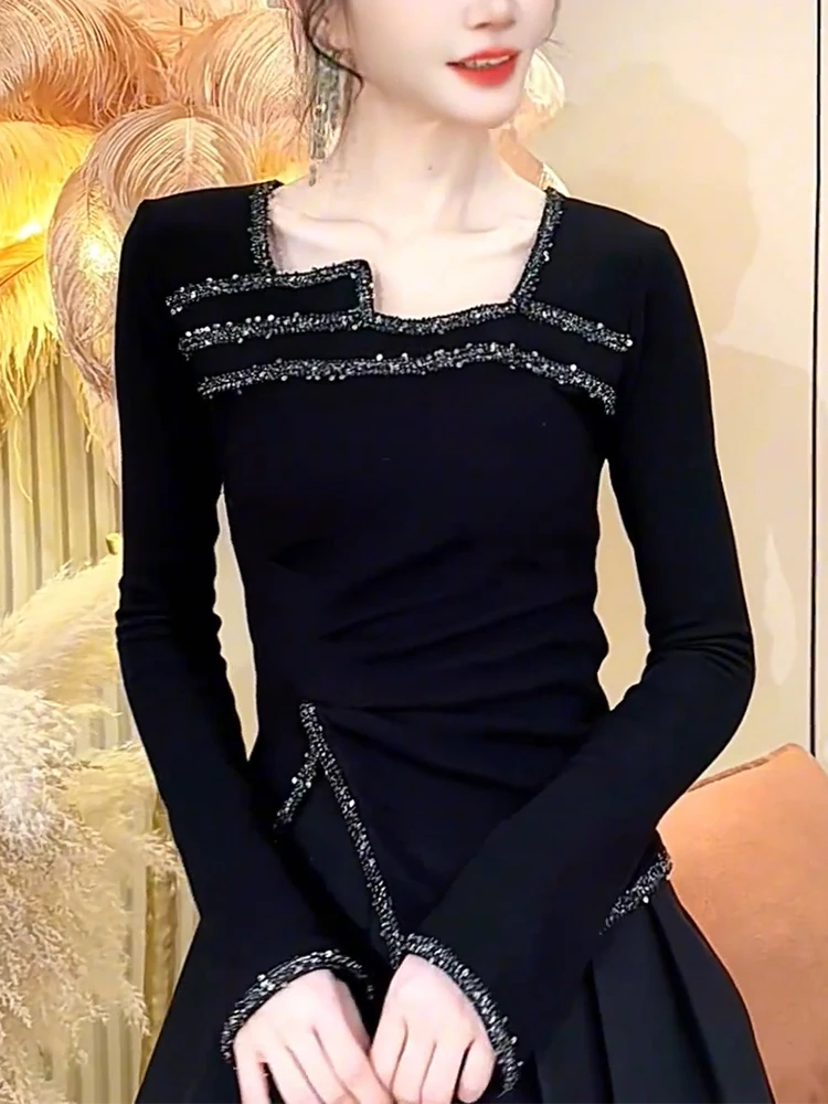 Slim Fit Knitwear Square Collar Base Layer irt Diamond Embellied Waist Cinched Trendy Autumn Winter Design Knitted Sweater
Slim Fit Knitwear Square Collar Base Layer irt Diamond Embellied Waist Cinched Trendy Autumn Winter Design Knitted Sweater