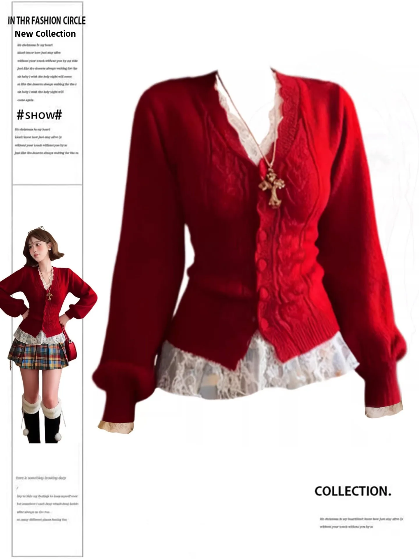 Christmas Theme Sweet Knitted Open Cardigan And Lace Sweater Two Piece Set for plus Size Women V Neck Hanging Neck Design
Christmas Theme Sweet Knitted Open Cardigan And Lace Sweater Two Piece Set for plus Size Women V Neck Hanging Neck Design