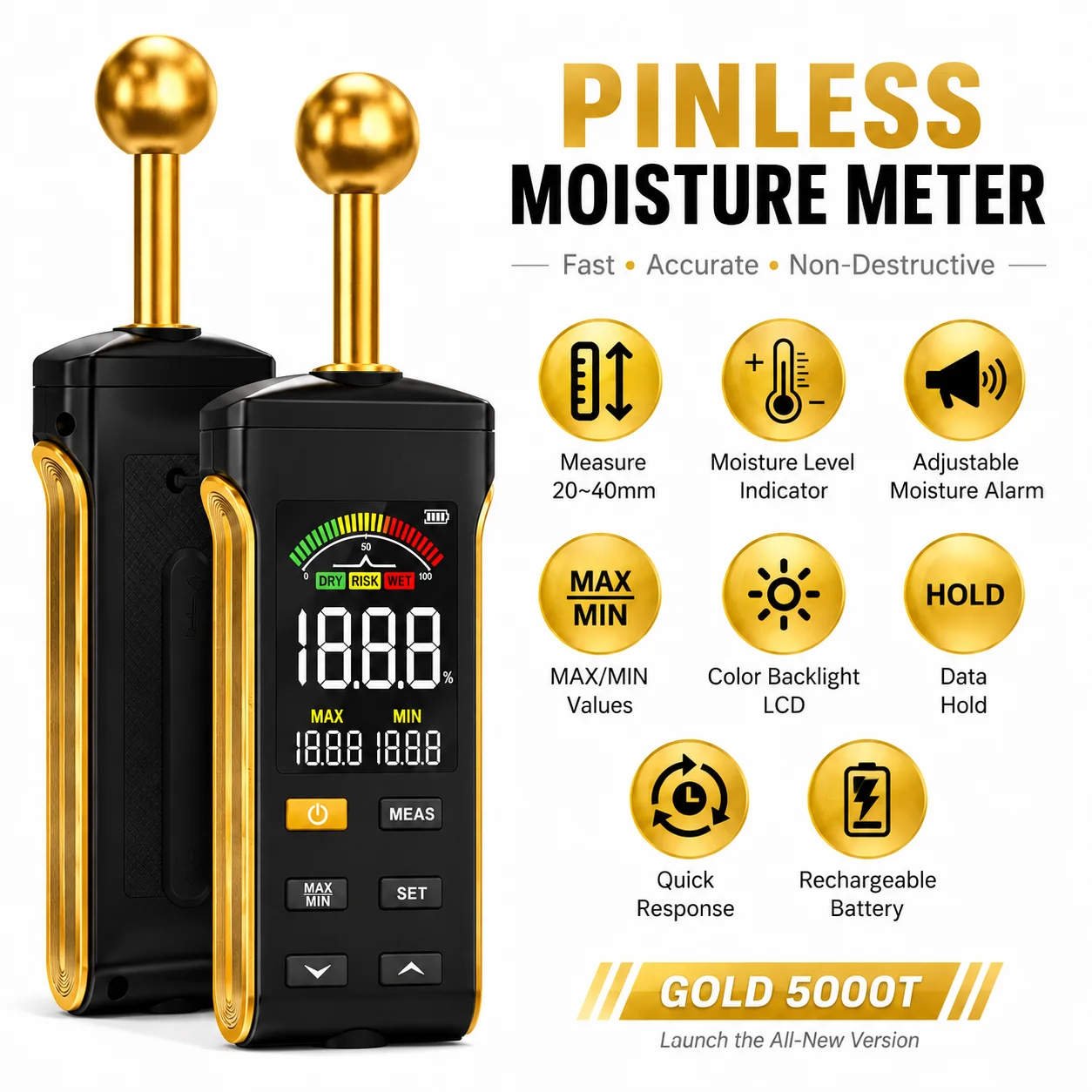 Digital Pinless Moisture Meter with Ball Probe & Color LCD 0~70% RH Range, Alarm Function for Wood/Walls/Concrete/Masonry/Gypsum
Digital Pinless Moisture Meter with Ball Probe & Color LCD 0~70% RH Range, Alarm Function for Wood/Walls/Concrete/Masonry/Gypsum