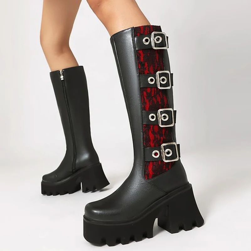 Metal Buckles Chunky Heels Women Knee High Boots Thick Sole Square Toe Long Booties Side Zipper Platform Lace Patch
Metal Buckles Chunky Heels Women Knee High Boots Thick Sole Square Toe Long Booties Side Zipper Platform Lace Patch