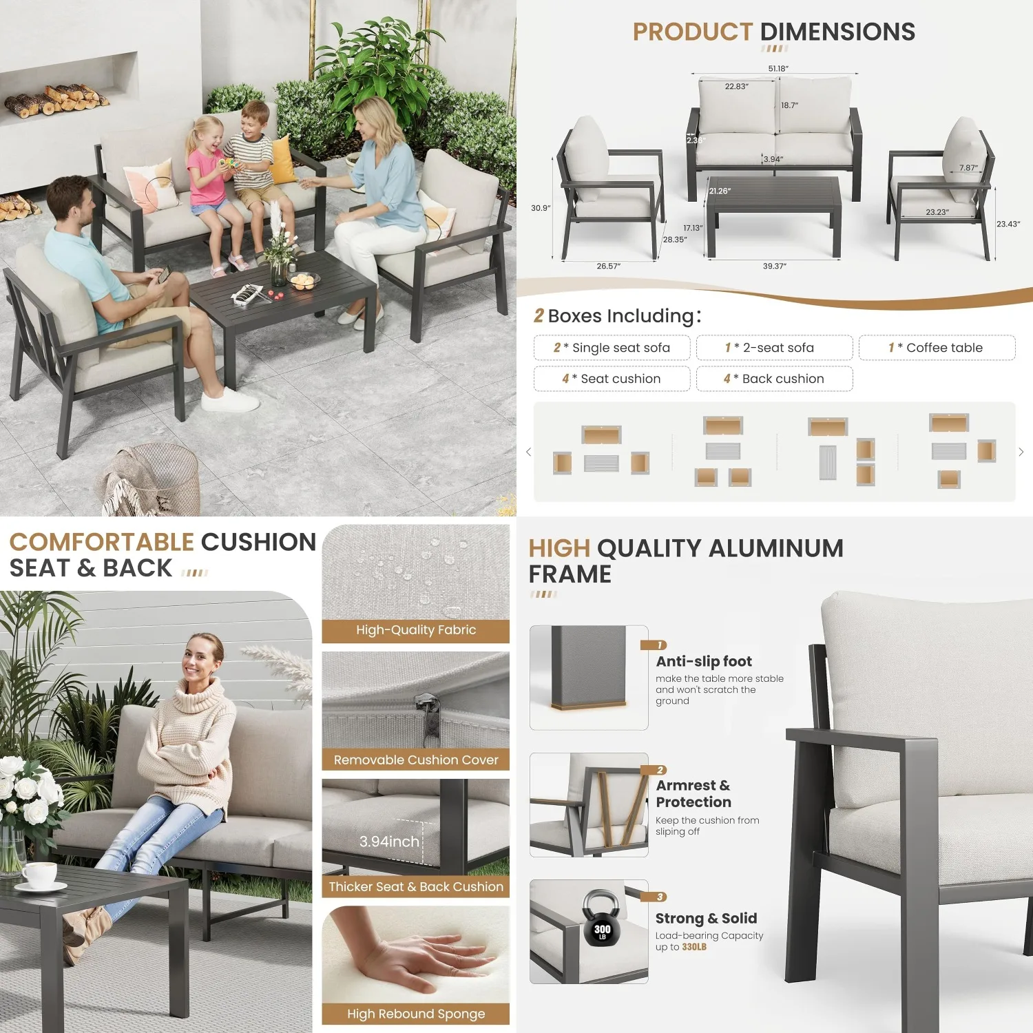 4pc Aluminum Patio Set All-Weather Sectional Sofa Table Removable Cushion Covers Deck Garden Poolside, Customized
4pc Aluminum Patio Set All-Weather Sectional Sofa Table Removable Cushion Covers Deck Garden Poolside, Customized