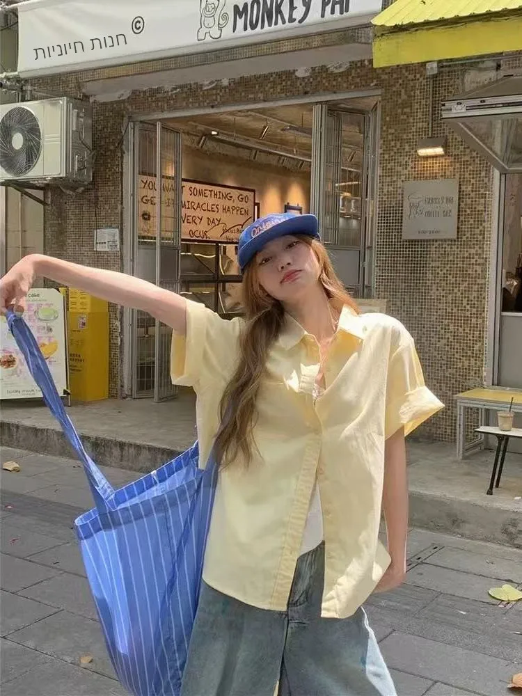 Casual Style Women's Short Sleeve Shirt Yellow Milk Summer New Fashion Korean System All-Match Loose Fit Button Design Polyester
Casual Style Women's Short Sleeve Shirt Yellow Milk Summer New Fashion Korean System All-Match Loose Fit Button Design Polyester