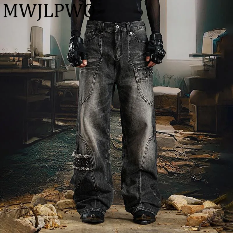 MWJLPWQ Dark Street с заклепками в стиле пэчворк, разрушенные потертые джинсы, мужские потертые винтажные уличные прямые длинные брюки с кошачьими усами 12229 
MWJLPWQ Dark Street с заклепками в стиле пэчворк, разрушенные потертые джинсы, мужские потертые винтажные уличные прямые длинные брюки с кошачьими усами 12229