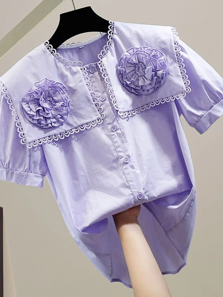 Fashion Elegant Blouses Solid Color Sailor Collar Short Sleeve Flower Patchwork Shirts Summer All Match Sweet Women's Clothing
Fashion Elegant Blouses Solid Color Sailor Collar Short Sleeve Flower Patchwork Shirts Summer All Match Sweet Women's Clothing