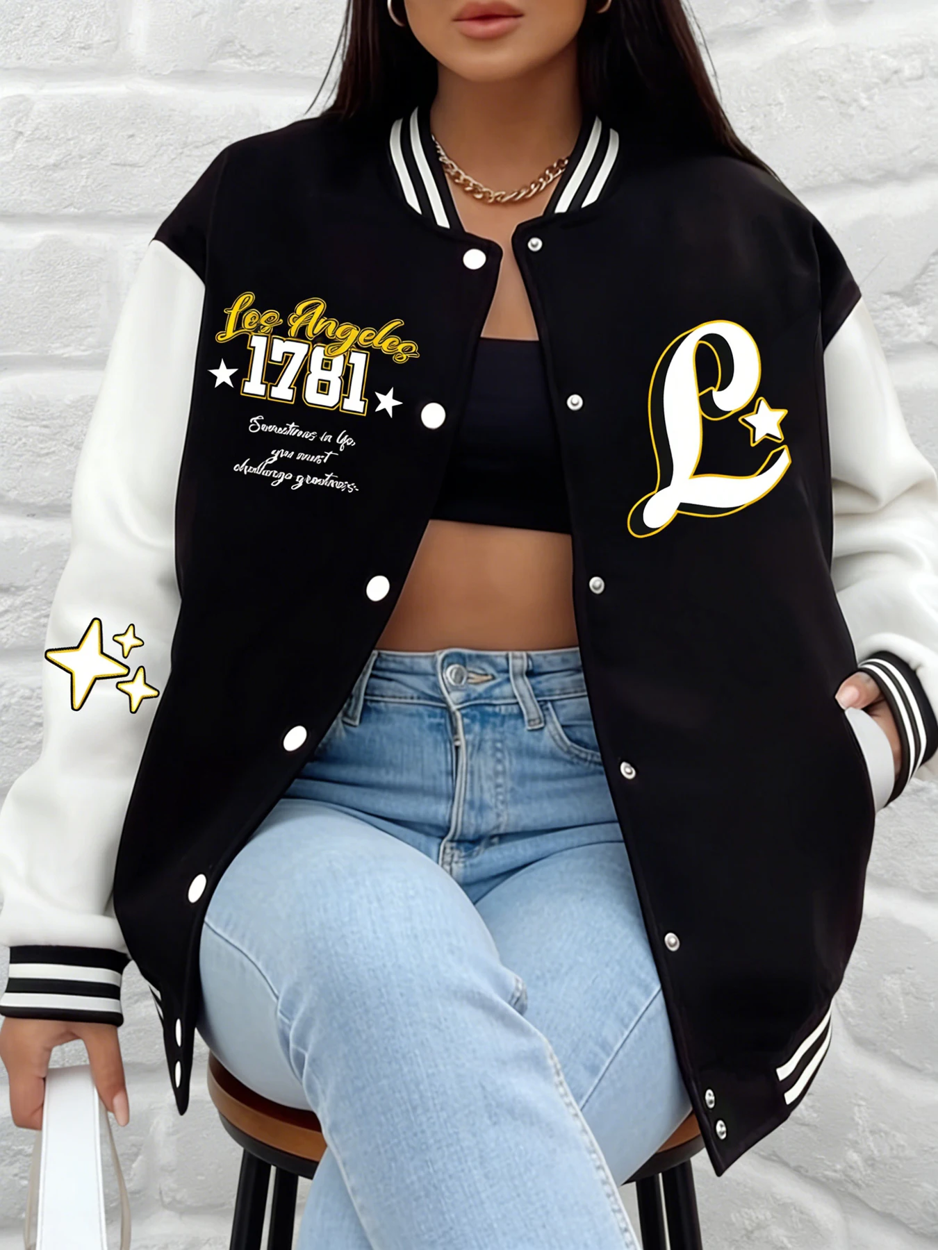 Women Los Angeles 1781 Quote Letter L Star Pattern Baseball Jacket Varsity Coat Loose Fit Outerwear Casual Street Fashion Wear
Women Los Angeles 1781 Quote Letter L Star Pattern Baseball Jacket Varsity Coat Loose Fit Outerwear Casual Street Fashion Wear