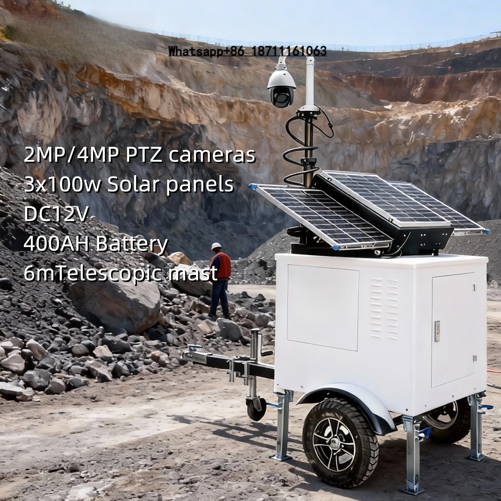 Monitoring CCTV System 24/7 Security Tower 3x100W 4G 6m Telescopic Mast Solar CCTV Trailer
Monitoring CCTV System 24/7 Security Tower 3x100W 4G 6m Telescopic Mast Solar CCTV Trailer