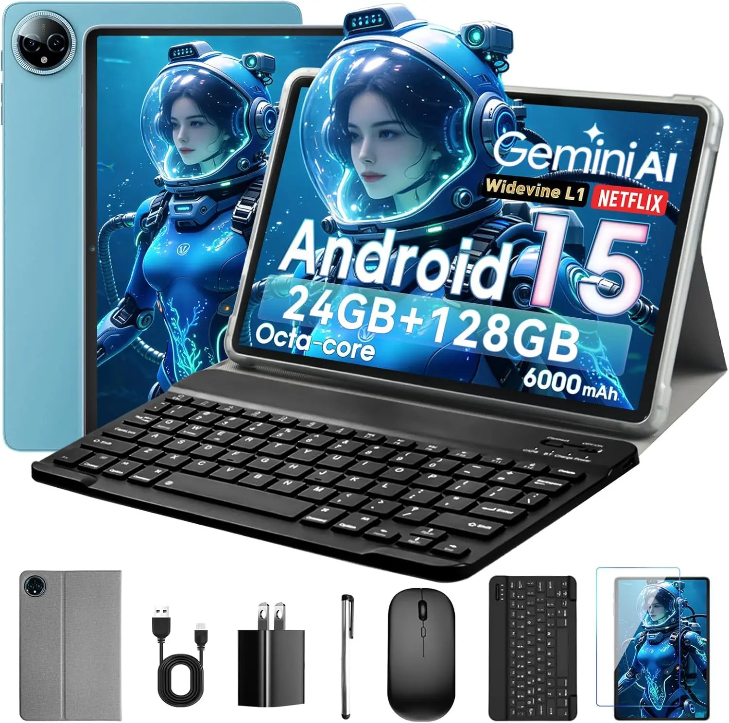 10" Android 15 Tablet, 24GB RAM+128GB ROM (1TB Expand), Octa-Core, HD IPS Screen, Dual Cam, 6000mAh, Keyboard & Mouse