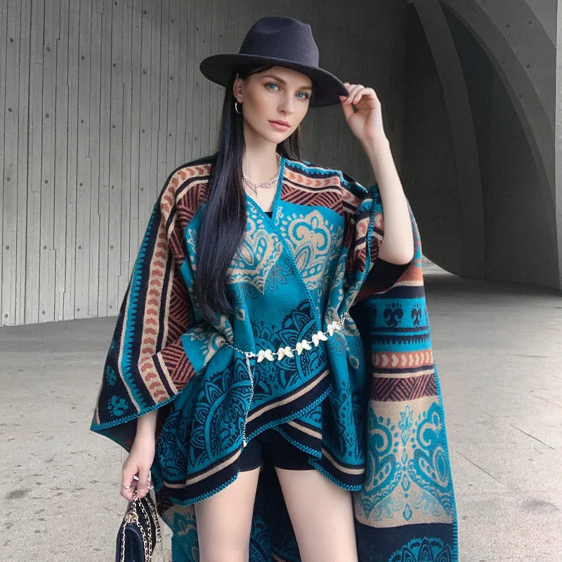 Women's Oversized Boho Paisley Print Knitted Poncho Teal Block Vintage Ethnic Shawl with Tassel Belt for Fall/Winter Travel
Women's Oversized Boho Paisley Print Knitted Poncho Teal Block Vintage Ethnic Shawl with Tassel Belt for Fall/Winter Travel