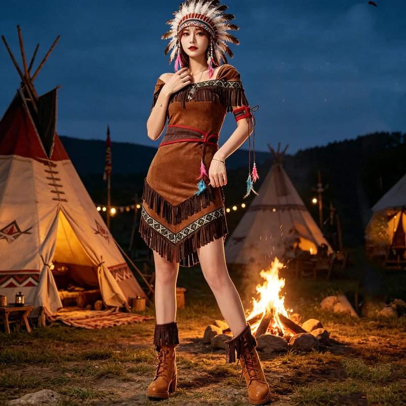 Retro Women Indian National Aboriginal Savage Hunter Tassel Dress With Headwear Accessories Adult Cosplay Costumes Outfit
Retro Women Indian National Aboriginal Savage Hunter Tassel Dress With Headwear Accessories Adult Cosplay Costumes Outfit