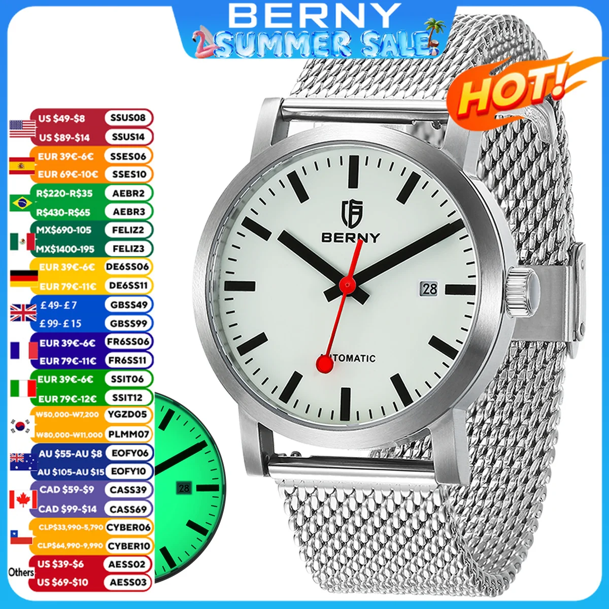 BERNY Automatic Men's Watch Top Brand Luminous 316L Stainless Steel Self-Wind Sapphire Wristwatch Mesh Belt Mechanical Men Watch
BERNY Automatic Men's Watch Top Brand Luminous 316L Stainless Steel Self-Wind Sapphire Wristwatch Mesh Belt Mechanical Men Watch
