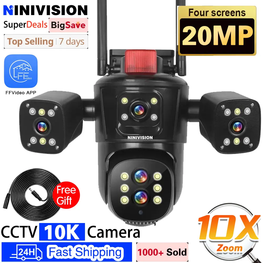 20MP WiFi IP Camera Four Screens 10X Zoom Wireless Outdoor PTZ CCTV 10K Five Lens Smart Tracking Wifi Surveillance FFvideo APP
20MP WiFi IP Camera Four Screens 10X Zoom Wireless Outdoor PTZ CCTV 10K Five Lens Smart Tracking Wifi Surveillance FFvideo APP
