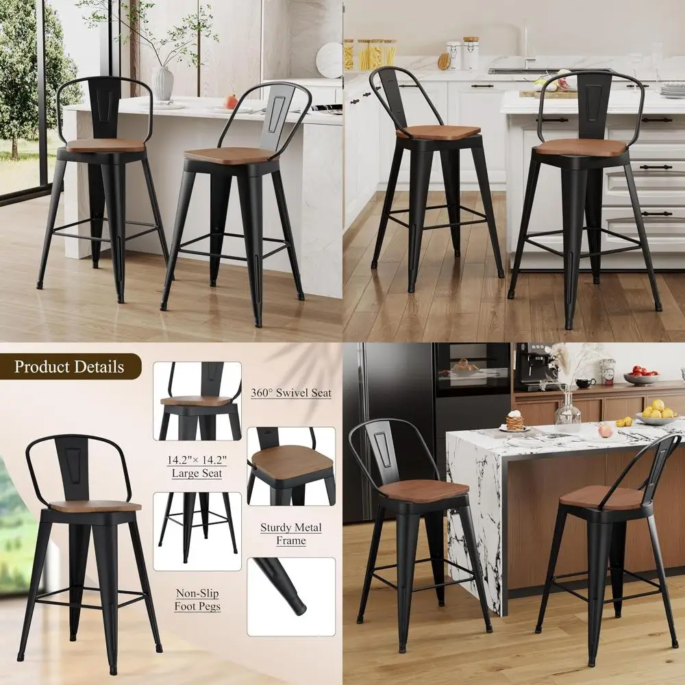 Matte Black 26 Swivel Counter Height Bar Stools Set of 2 with High Backs and Large Wooden Seats
Matte Black 26 Swivel Counter Height Bar Stools Set of 2 with High Backs and Large Wooden Seats