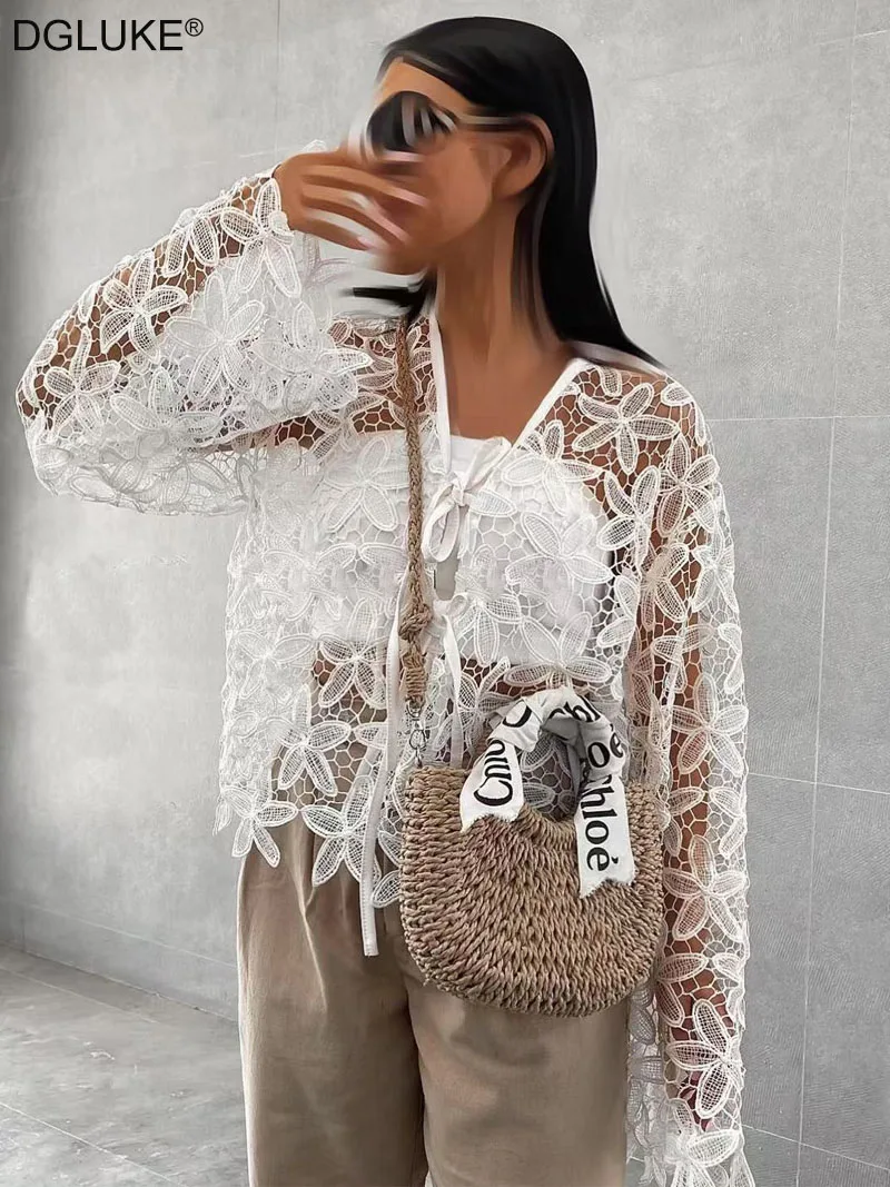 DGLUKE White Embroidered Lace Blouse Woman Tie Front Transparent Crop Top Blouses For Women Long Sleeve Cover Up Top
DGLUKE White Embroidered Lace Blouse Woman Tie Front Transparent Crop Top Blouses For Women Long Sleeve Cover Up Top