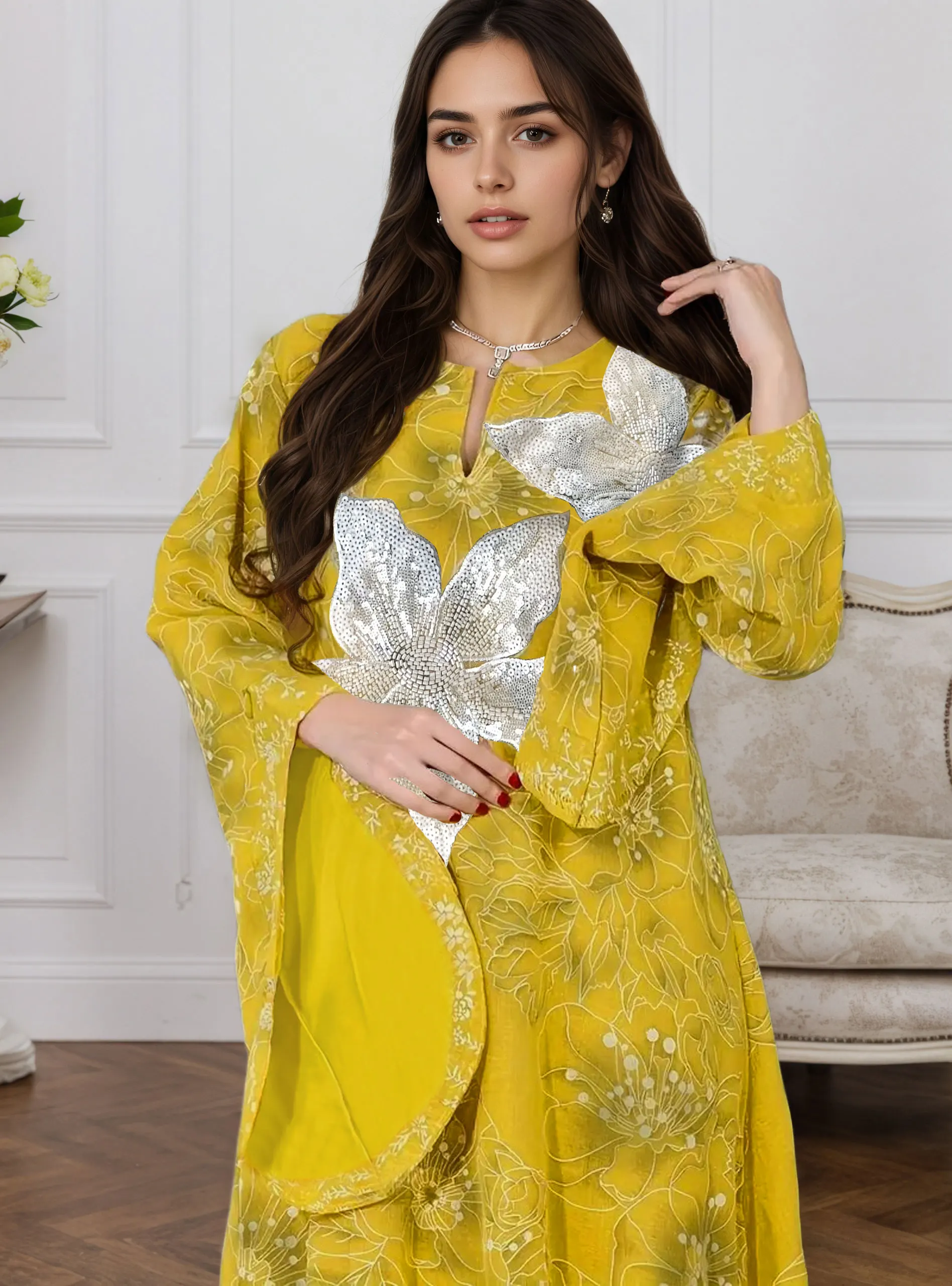 2025 New Exquisite Yellow Muslim Abaya with Silver Floral Sequins and Patterned Design Ideal for Arabian Festive Occasions
2025 New Exquisite Yellow Muslim Abaya with Silver Floral Sequins and Patterned Design Ideal for Arabian Festive Occasions
