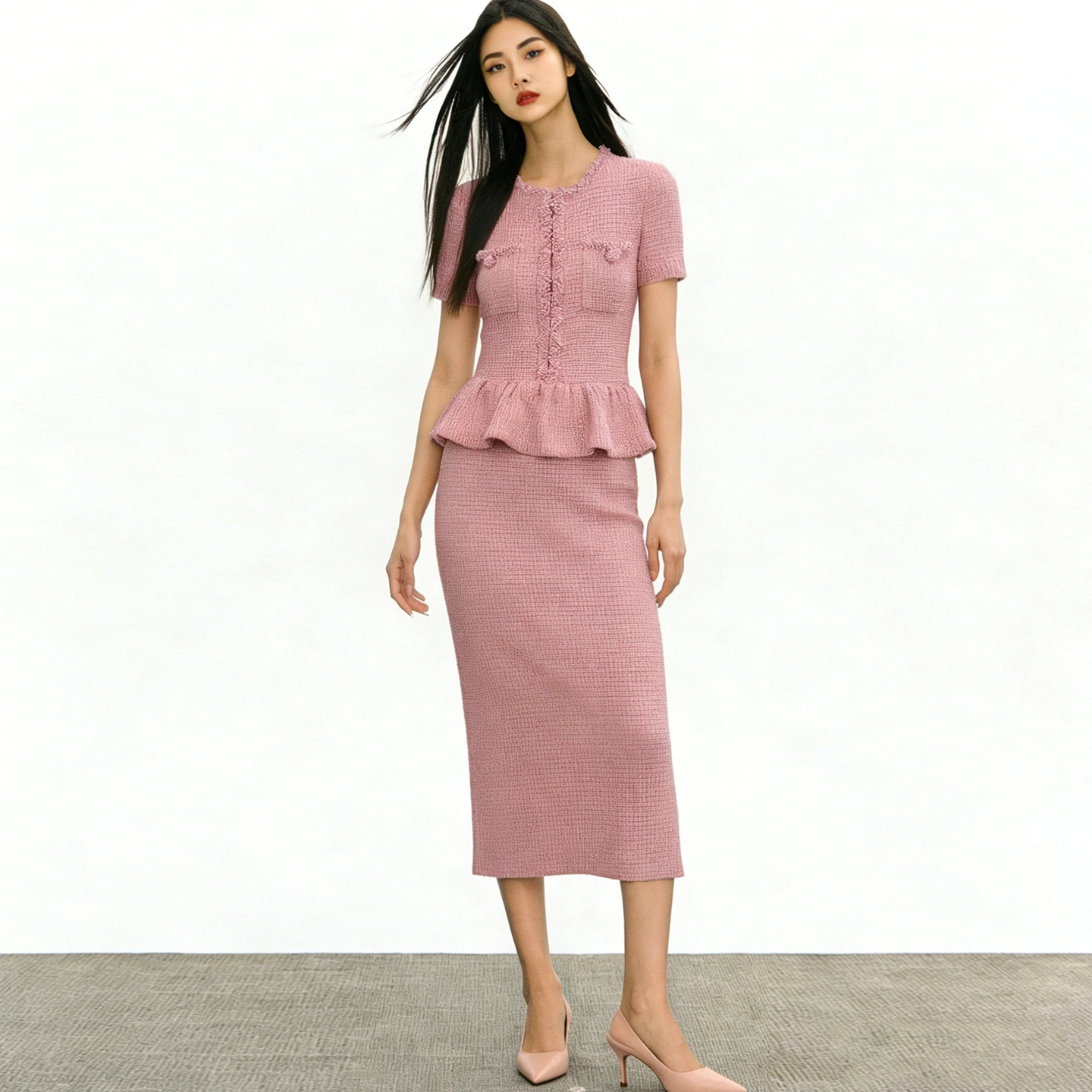 Women Fake Two Pieces Ruffles Pink Knitted Dress Pearl Embellished Autumn Female Slim Fit Elegant Short Sleeve Midi Robe
Women Fake Two Pieces Ruffles Pink Knitted Dress Pearl Embellished Autumn Female Slim Fit Elegant Short Sleeve Midi Robe