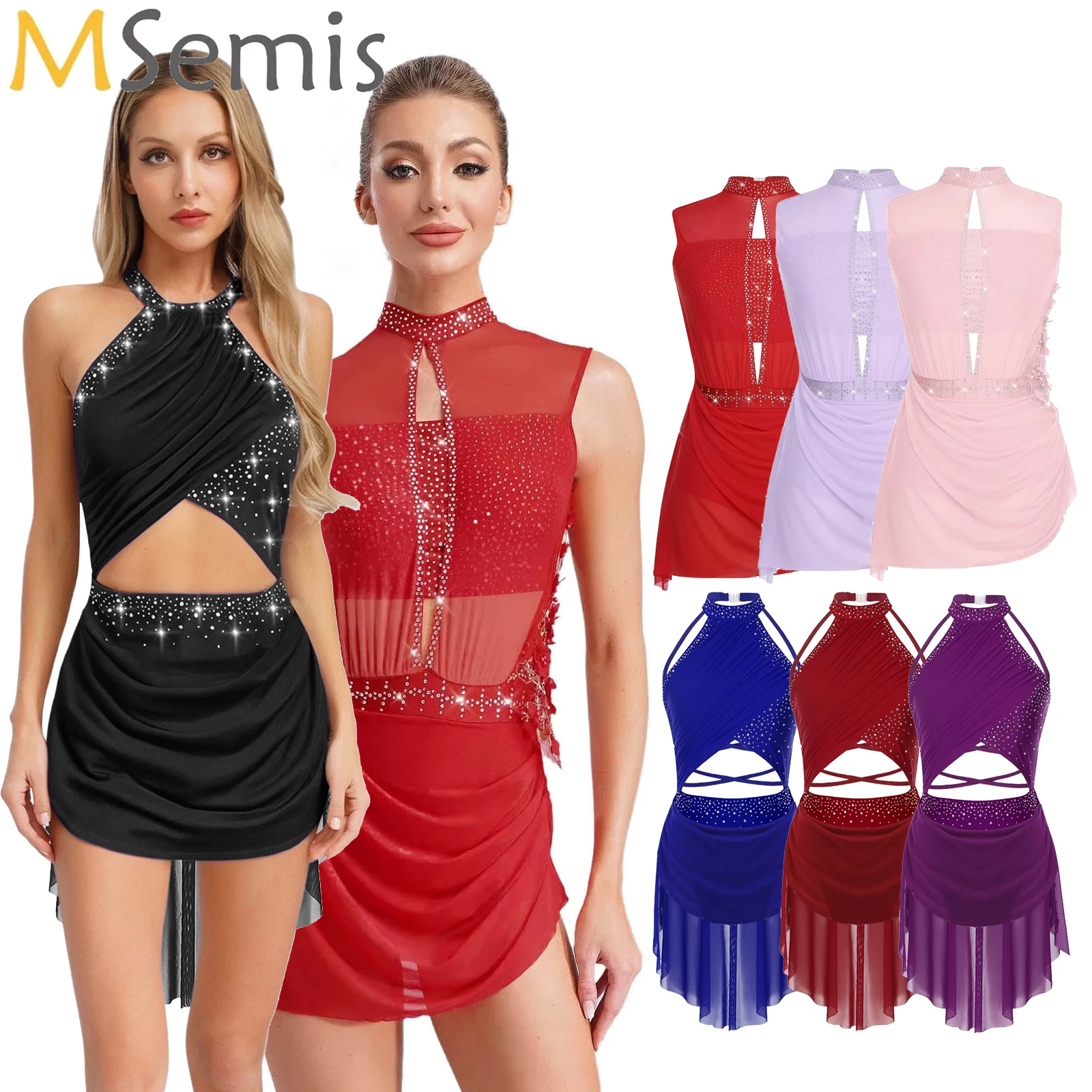 Women Figure Skating Dance Dress Sleeveless Sheer Mesh Overlay Applique Asymmetrical Dress Lyrical Modern Performance Costume 
Women Figure Skating Dance Dress Sleeveless Sheer Mesh Overlay Applique Asymmetrical Dress Lyrical Modern Performance Costume