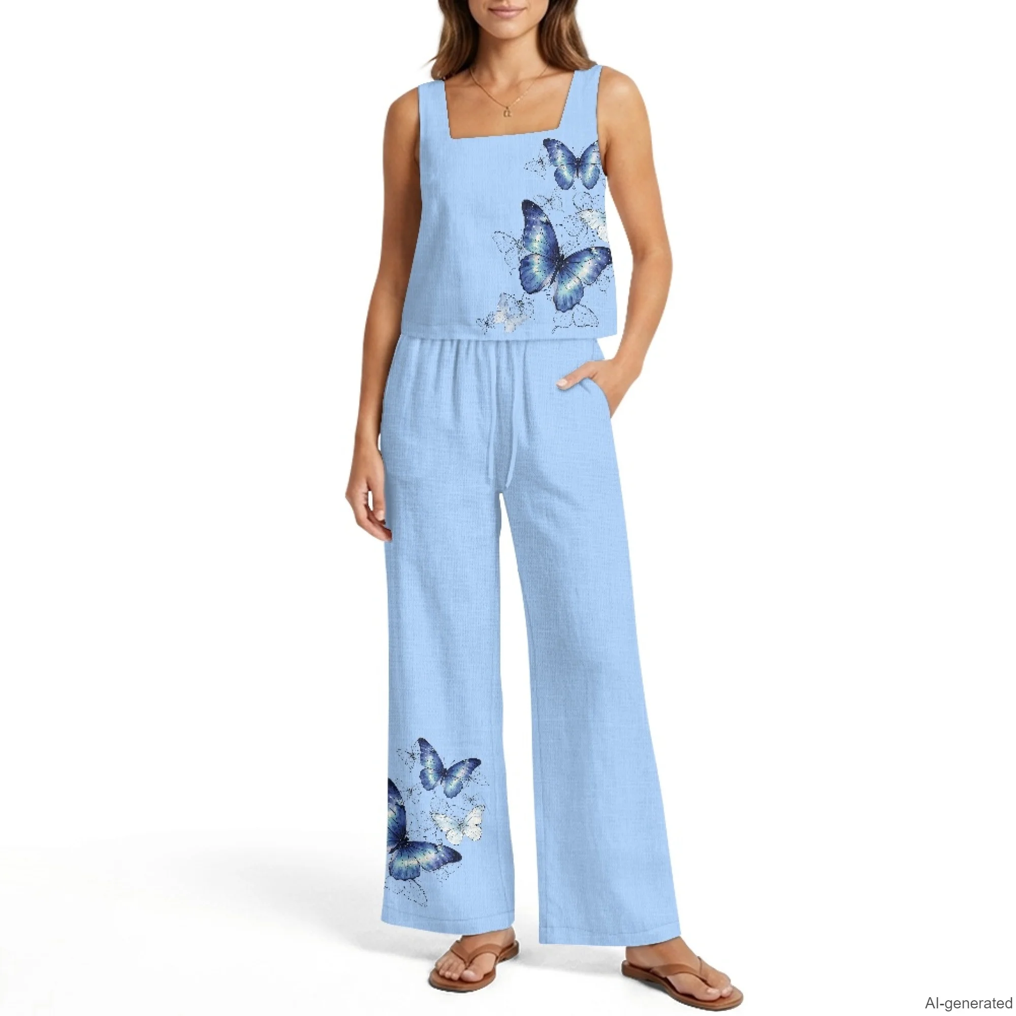 INSTANTARTS Women's Vest Wide-Leg Pants Linen Suit 2Pc Summer Casual Outfits Butterfly Sleeveless Vest Wide Leg Pants S-2XL
INSTANTARTS Women's Vest Wide-Leg Pants Linen Suit 2Pc Summer Casual Outfits Butterfly Sleeveless Vest Wide Leg Pants S-2XL
