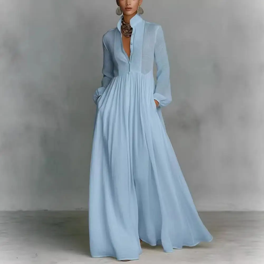 French Style Women Dress Stand Collar Long Sleeve Buttons Down Maxi Dress Pleated Flowy Hem Elegant Single Breasted Long Dress
French Style Women Dress Stand Collar Long Sleeve Buttons Down Maxi Dress Pleated Flowy Hem Elegant Single Breasted Long Dress