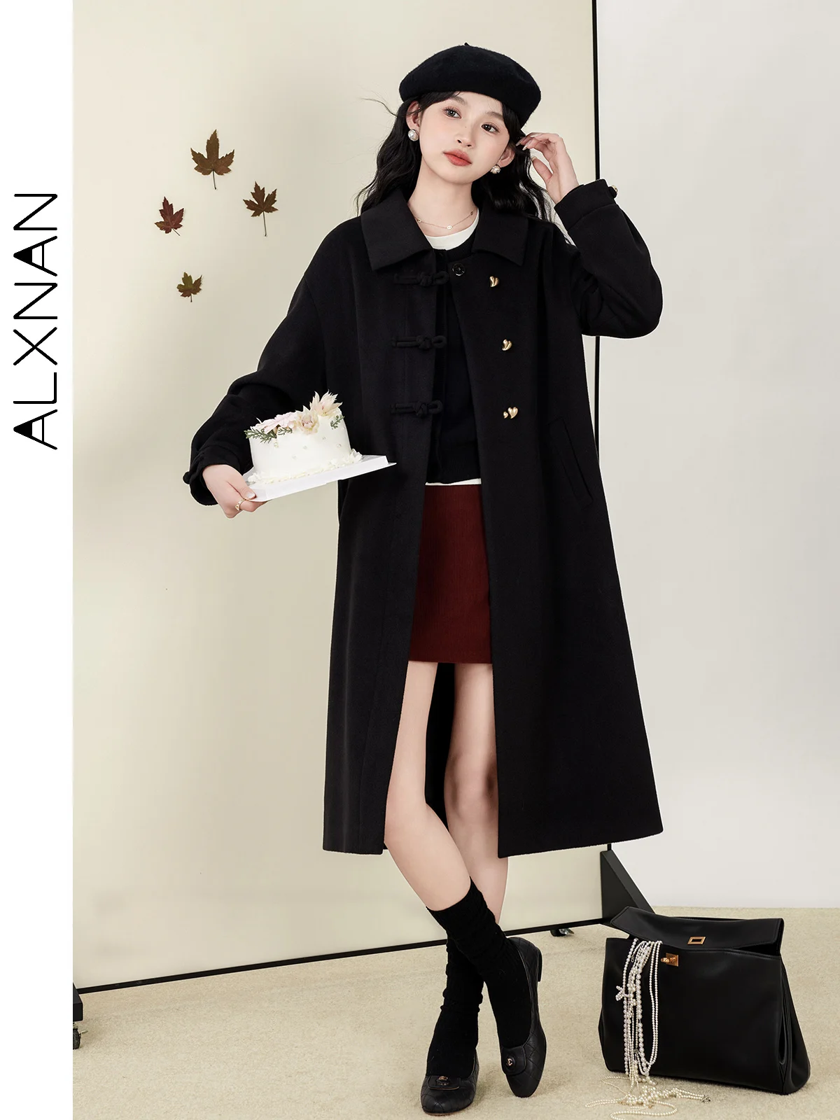 ALXNAN Black Woolen Coat for Women Polo Collar Drop Sleeve Heart Button Outerwears 2025 Autumn Winter Female Long Tops L51208
ALXNAN Black Woolen Coat for Women Polo Collar Drop Sleeve Heart Button Outerwears 2025 Autumn Winter Female Long Tops L51208